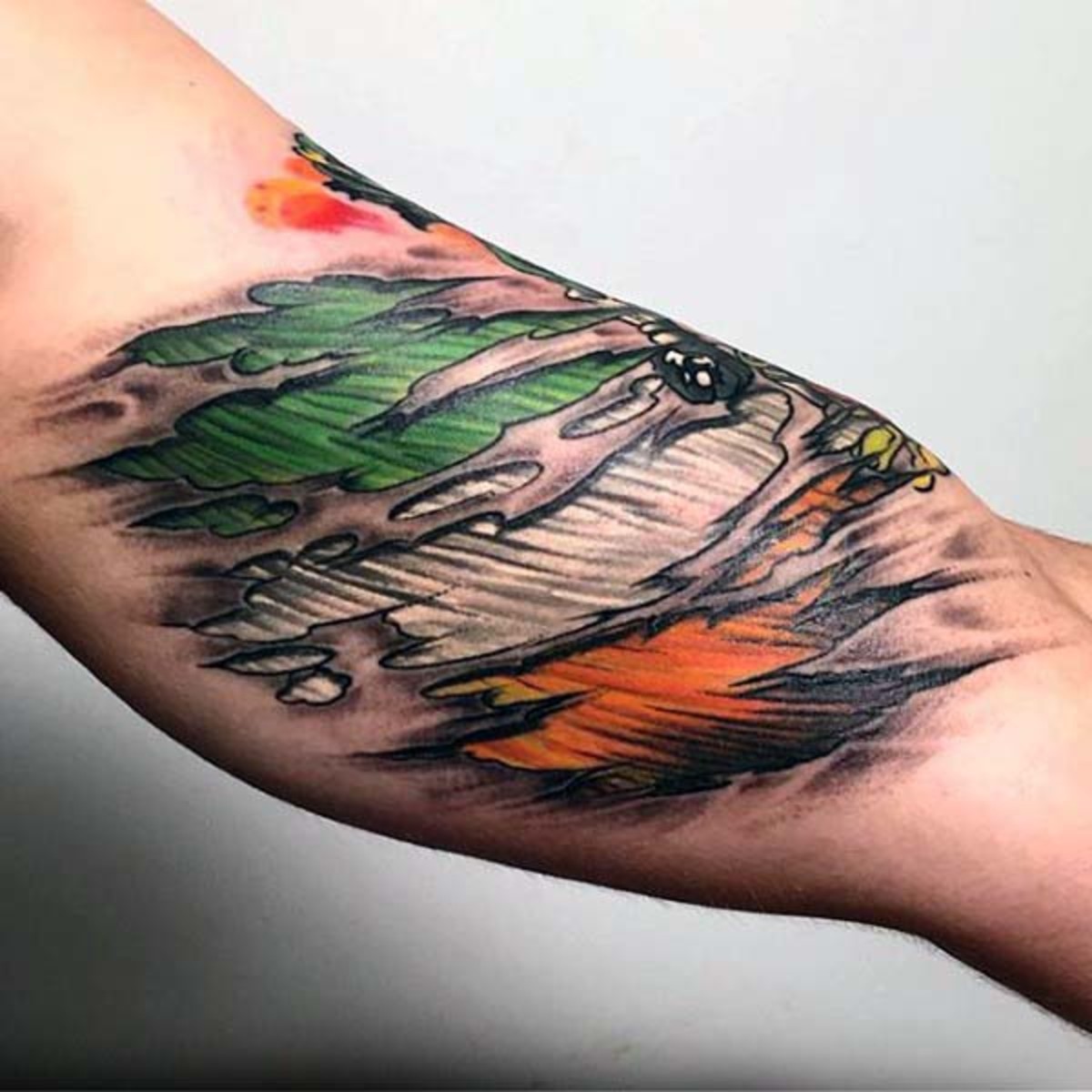 yeşil-turuncu-beyaz-irlanda bayrağı-erkek-derisi-yırtılmış-kol dövmesi