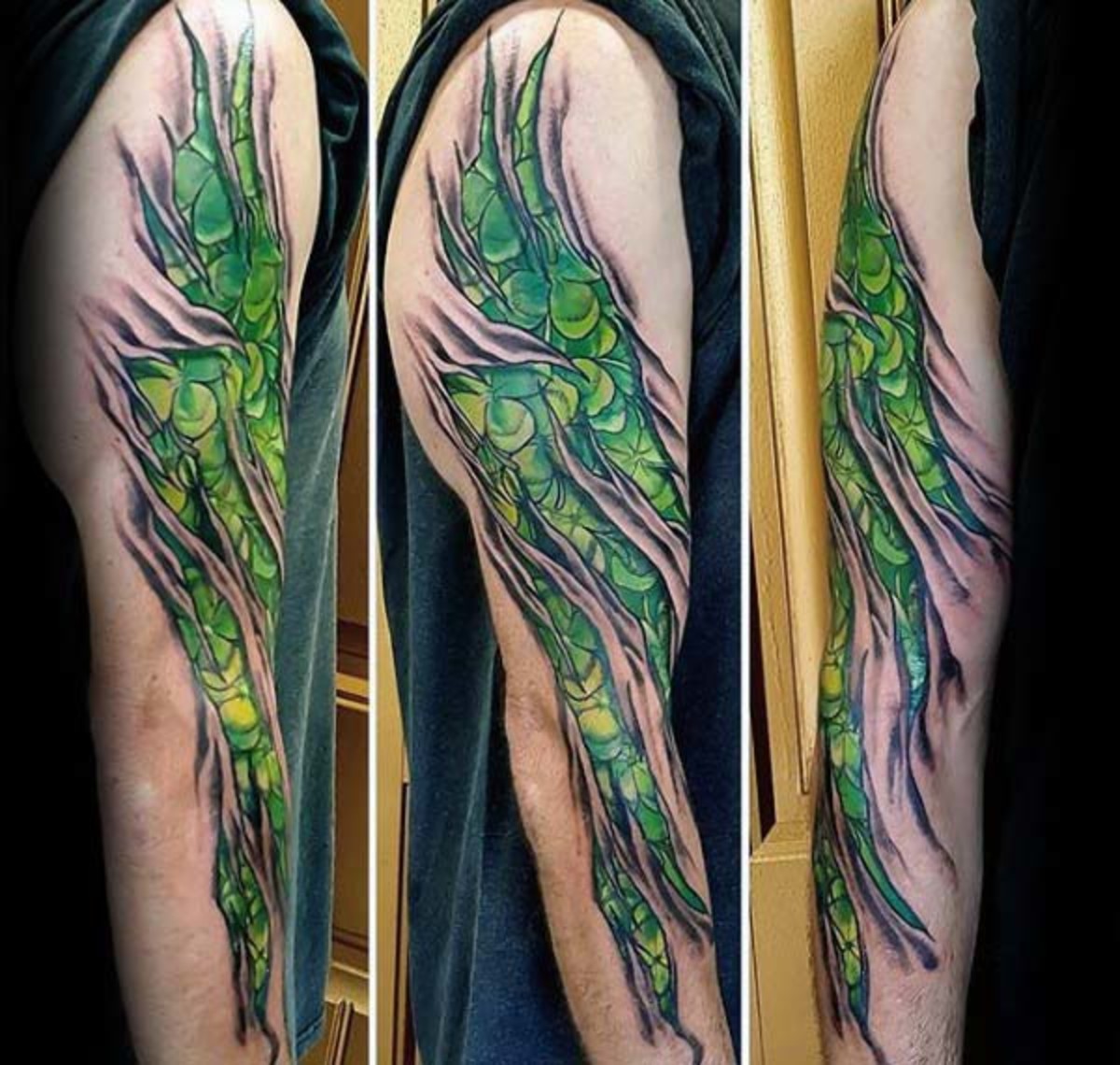 yırtık-deri-erkek-tam kol-irlandalı-yeşil-dört yapraklı-yonca-dövmeler