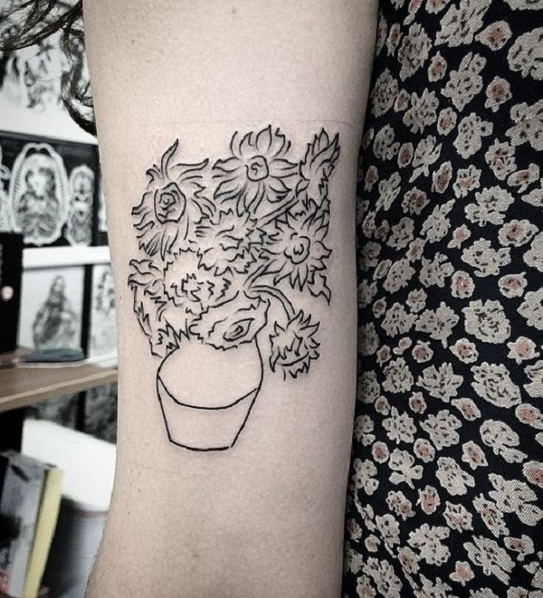 vincent van gogh tatuiruotės Sketched Vase of Sunflowers Tattoo