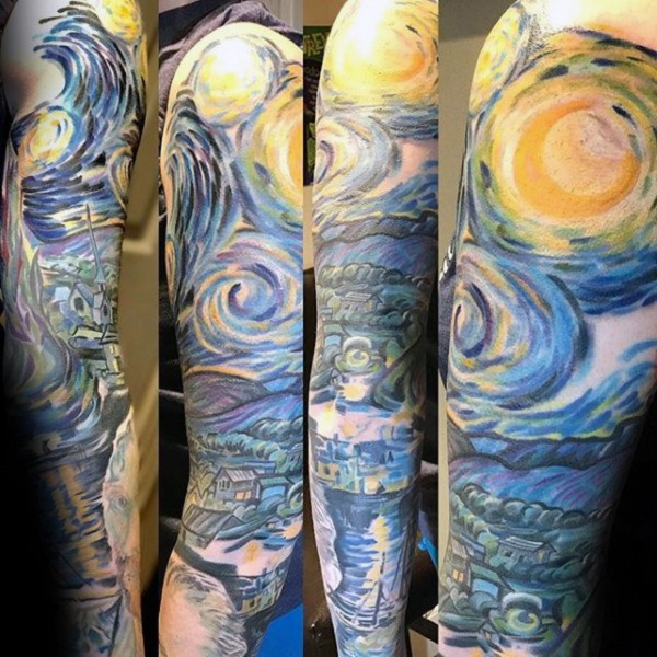 Vincent van Gogh tatuiruotės Žvaigždėtos naktinės rankovės su rankovėmis