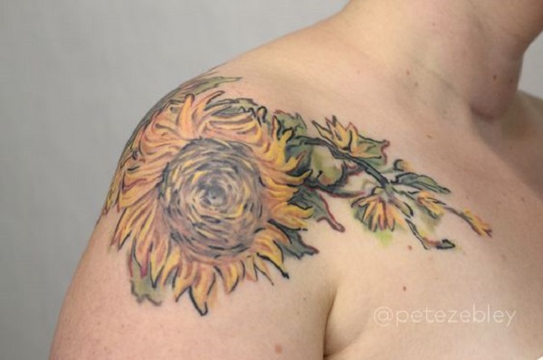 Vincentas van Goghas tatuiruotės Pete Zebley „Sunflower Out From the Vaas“