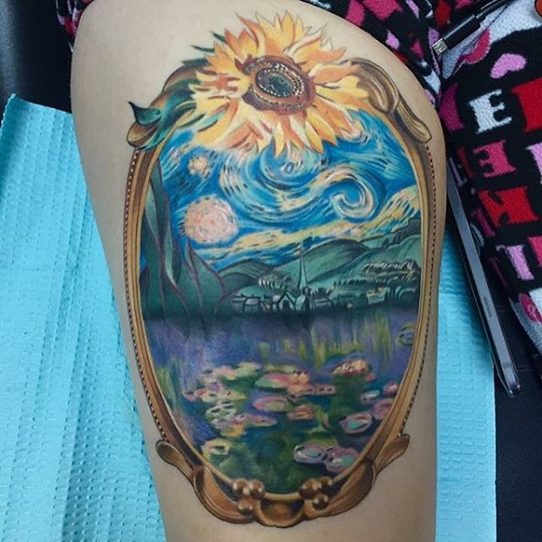 Vincent van Gogh tatuiruotės Saulėgrąžų veidrodis, atspindintis žvaigždėtą nakties tatuiruotę