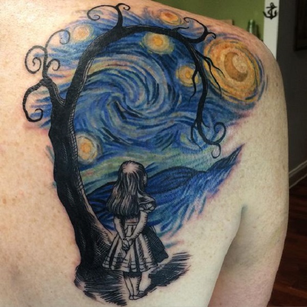 Vincentas van Goghas tatuiruoja „Lonely Girl in Starry Night Tattoo“