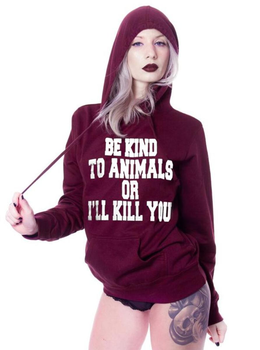 Būk malonus gyvūnams, kitaip aš tave užmušiu marškinėlių kekšės megztinį