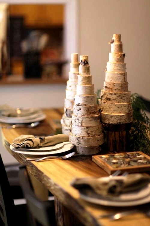 Nápady na skandinávskou březovou kůru a kmen břízy dekorativní jedle z dekorace stolu na dřevěné disky