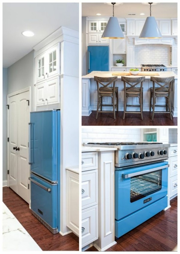 blå og hvit farge amerikansk kjøkken satt opp