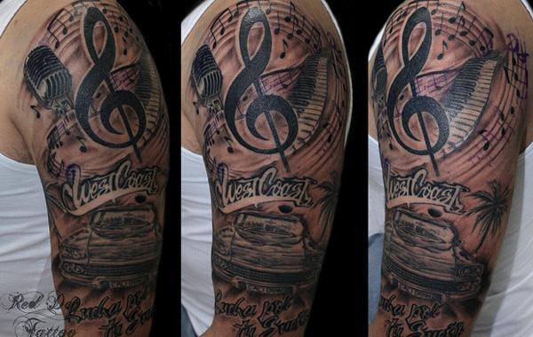 „WestCoast“ muzikos pusė rankos tatuiruotė