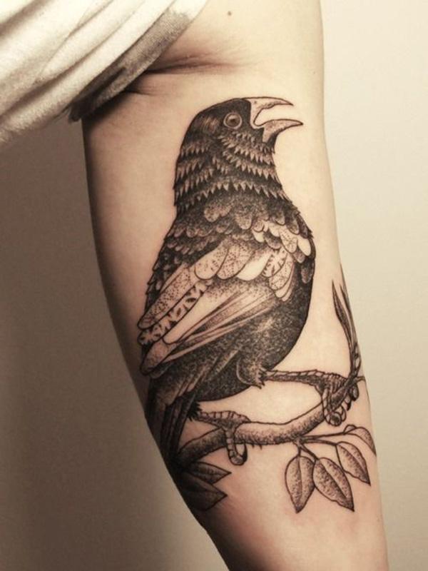 Juoda ir pilka paukščio vidinė bicepso tatuiruotė
