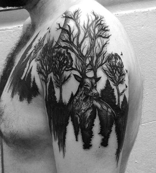 Negativní motivy vesmírného tetování jelení les a strom z paroží