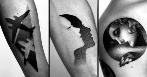 Negativní prostorové tetovací motivy tři různé dotwork designy