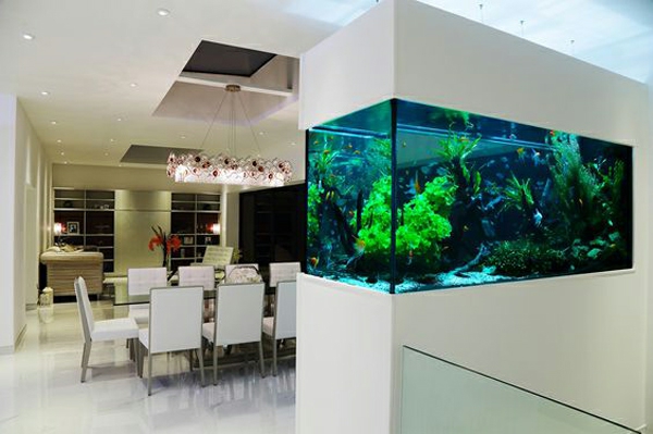 rozdělovač akvária pokoj bílý interiér stylový design