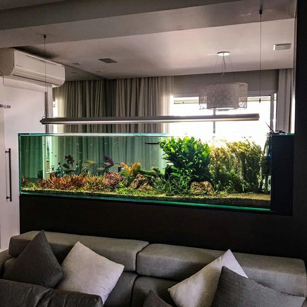dělič akvarijních pokojů stylový nápad na uspořádání obývacího prostoru
