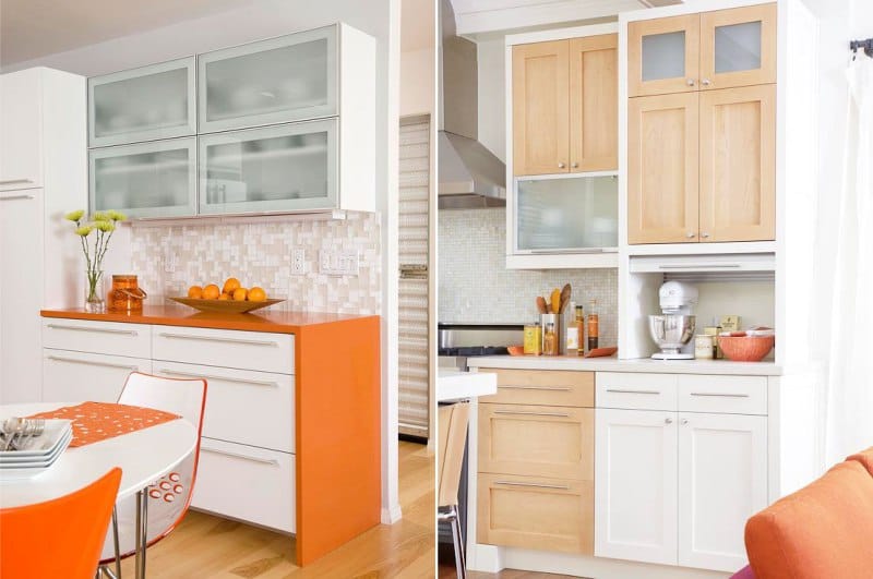Smėlio ir oranžinės spalvos virtuvė