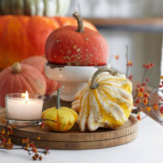 Podzimní dekorace stolu s dýní, neobvyklé tvary, dekorativní dýně v různých barvách