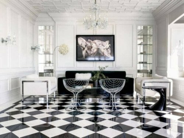 dlažba černá bílá luxusní obývací pokoj krásný strop