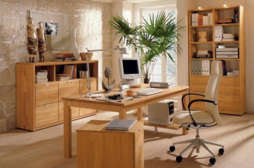 domácí kancelář moderní kancelářský nábytek lehká dřevěná dýha pokojová rostlina dlaň výkonné křeslo ergonomické kancelářské vybavení