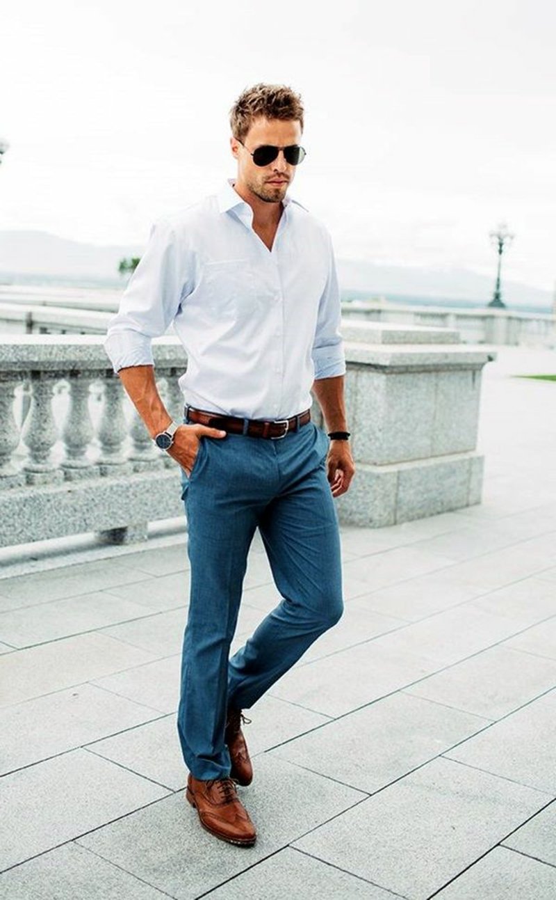 Business casual ανδρικά παντελόνια με πουκάμισο και ζώνη