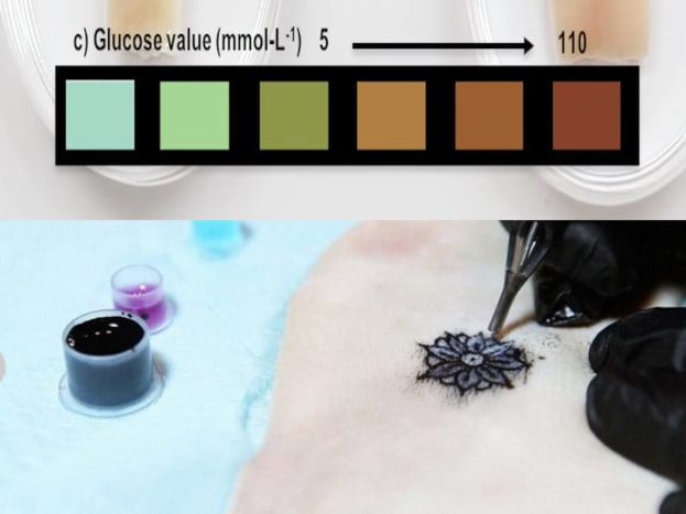 Nuotrauka per „DermalAbyss“ Diabetikas, turintis biosensorinę tatuiruotę, galėtų įvertinti jo cukraus kiekį kraujyje stebėdamas tatuiruotės spalvos pasikeitimą nuo mėlynos iki rudos. Tai gali visiškai nepašalinti diabetiko, kad jam nereikėtų tikrinti BG lygio pirštais, tačiau įspėtų apie artėjančius „AUKŠTUS“ arba „ŽEMUS“ cukraus kiekio kraujyje įvykius.