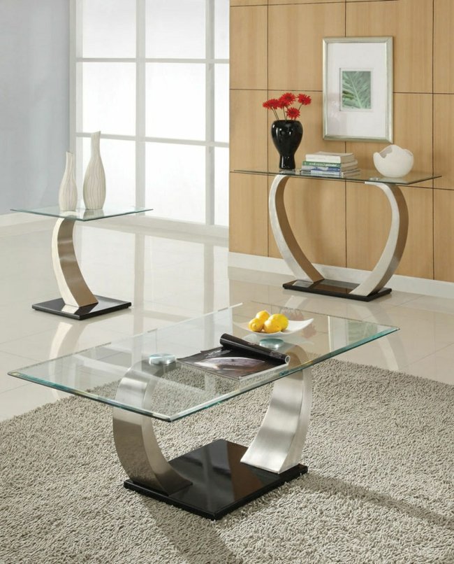 Τραπέζι σαλονιού μοντέρνο από ανοξείδωτο ατσάλι ποδιά γυαλί μινιμαλιστικό