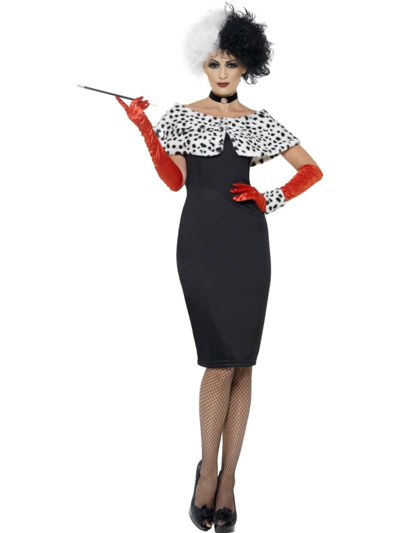 Kostým Cruella De Vil super elegantní šaty a dlouhé rukavice