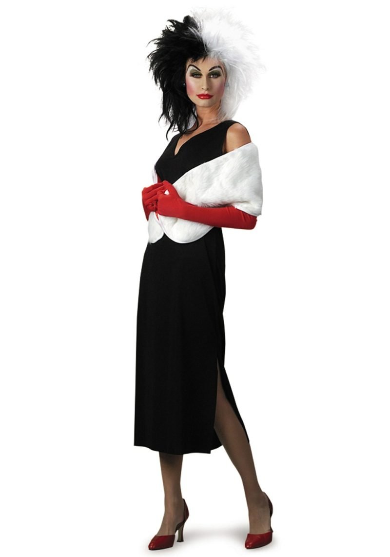 Cruella De Vil κοστούμι περούκα μαύρο φόρεμα