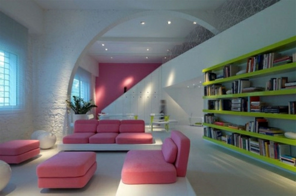 Architektura štěstí růžový gauč zelená skříň