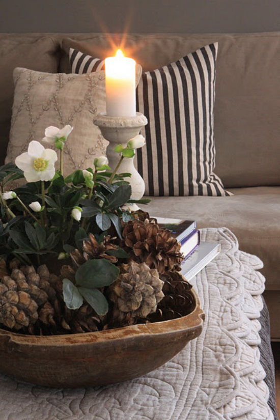 Dřevěná mísa, dekorace pokoje, obývací pokoj na konferenčním stolku, šišky, rané kvetoucí bílé květy