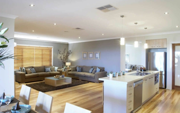 otevřená kuchyň s jídelnou, moderní obývací prostor, použijte jasné barvy
