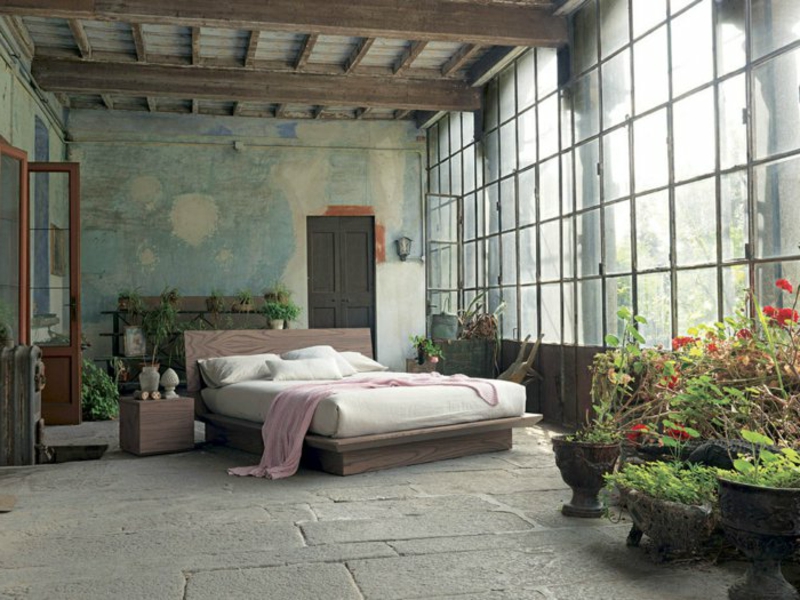 rustikální design ložnice s rostlinami