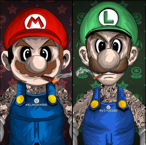 Ephremo Rokko dizainas. Mario ir Luigi su visomis rankovėmis, krūtinės ir kaklo tatuiruotėmis nežaidžia. Saugok save, karalius Koopa!