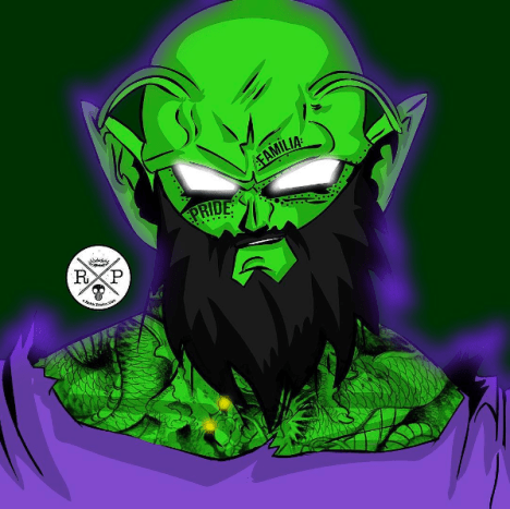 Tasarım Ephrem Rokk. Yeşil Namekian Dragon Ball Z kıçına tekme atıyor. Budaklı, cılız bir sakal ve Rokk'un bu tasarımında göğsünde Ebedi Shenron'un dövmesi.