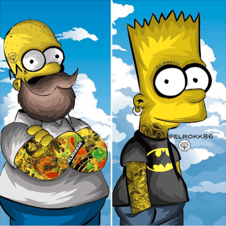 Tasarım Ephrem Rokk. Homer ve Bart Simpson'ı daha önce hiç görmediğiniz gibi görün: dövmeli, sakallı ve delikli!