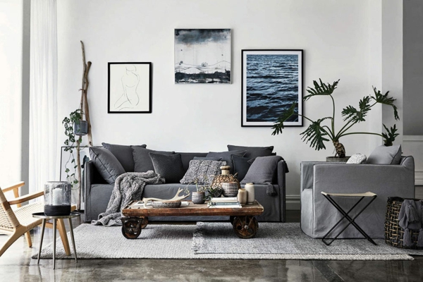 nápady interiérového designu moderní útulný obývací pokoj odstíny šedé