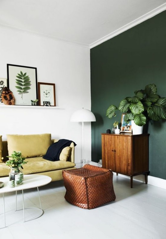 Er veggen mørkegrønn for deg? Design tips og ideer for aksentvegger med innendørs planter og en retrohylle