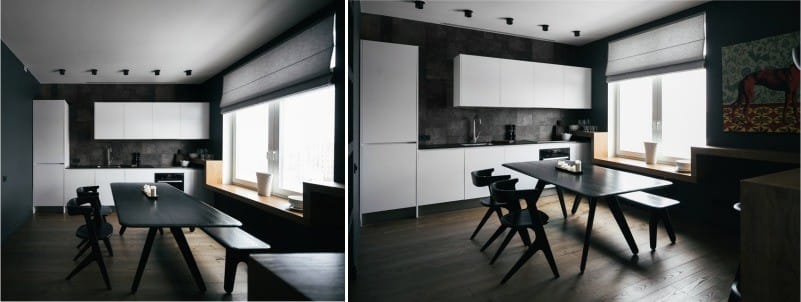 Mutfağın iç kısmında minimalizm tarzında Roma perdeleri