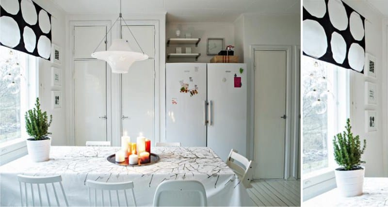 İskandinav tarzında mutfakta kısa perdeler