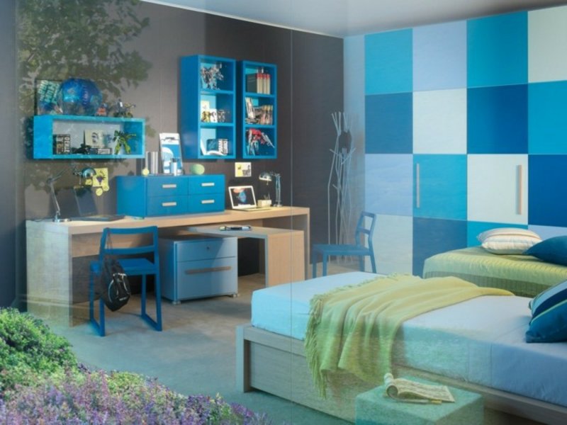 Νεανικό δωμάτιο μπλε και γκρι γραφείο κρεβατιών επίπλων