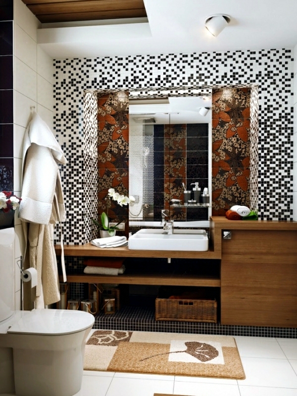 mozaikové dlaždice koupelna černá bílá hnědý koupelnový nábytek