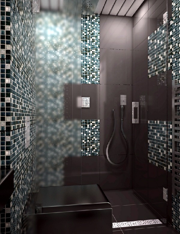 mozaikové dlaždice koupelna tmavé barvy stylový design stěn
