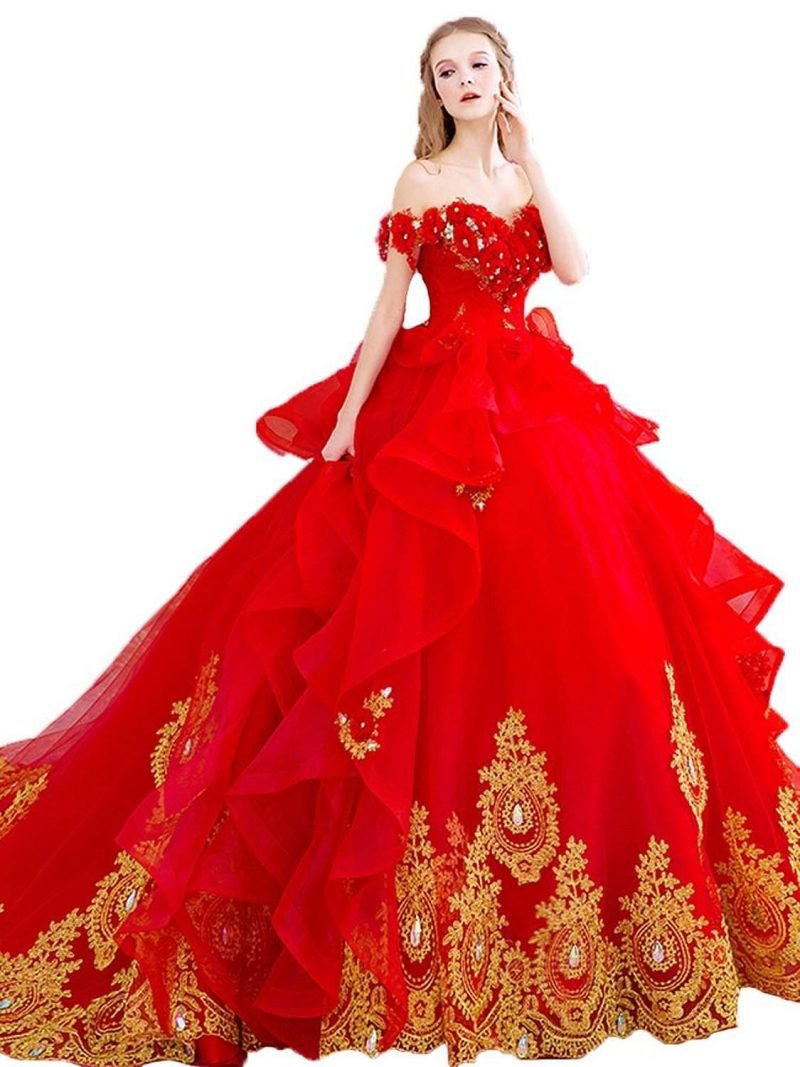 שמלות כלה אדומות עיטורים נהדרים בזהב