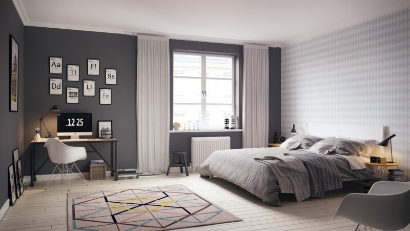 soverom innredning skandinavisk stil ideer farger teppe seng gardiner