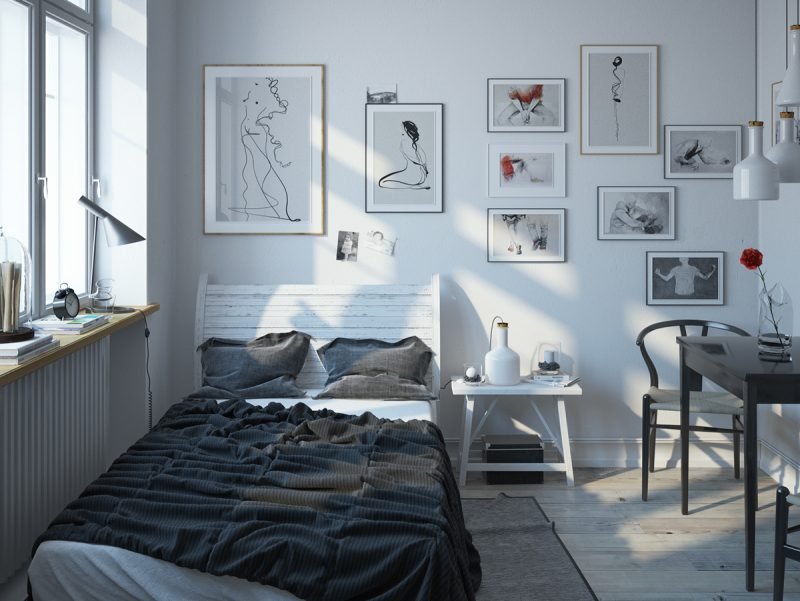 soverom sette opp ideer hvit grå farger veggdesign bilder seng laget av tre