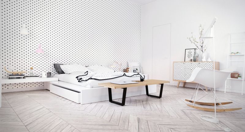 soverom ideer slå romdesign hvit seng lenestol veggdesign lampe