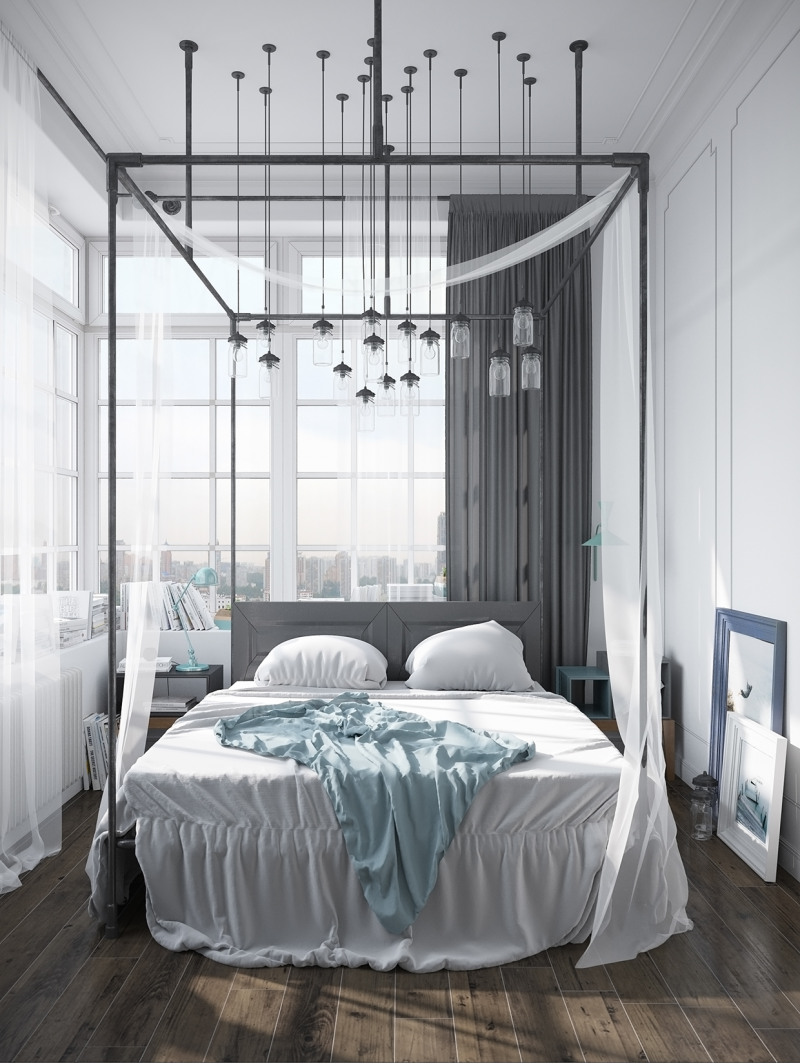 soverom skandinavisk design ideer seng pute lampe belysning gardiner