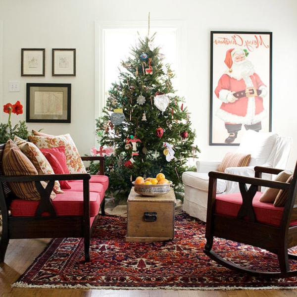 סלון חג המולד יפהפה שטיח עץ חג המולד שולחן תמונות אדום על הספה