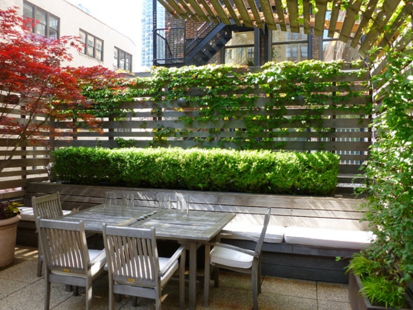 Privat rom bakgård med stil eleganse benk plantebord