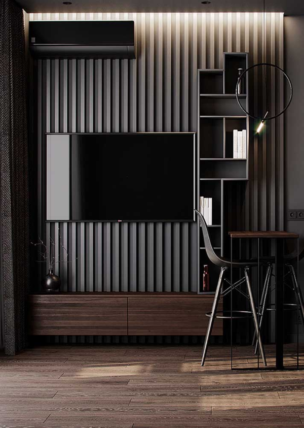 černá místnost tmavě šedá stěna design
