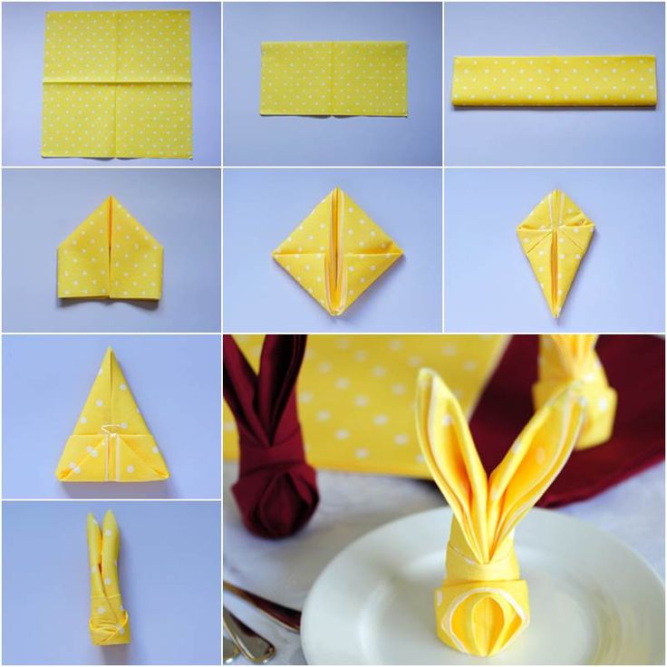 הוראות קיפול מפיות צהובות DIY עבור ארנב פסחא