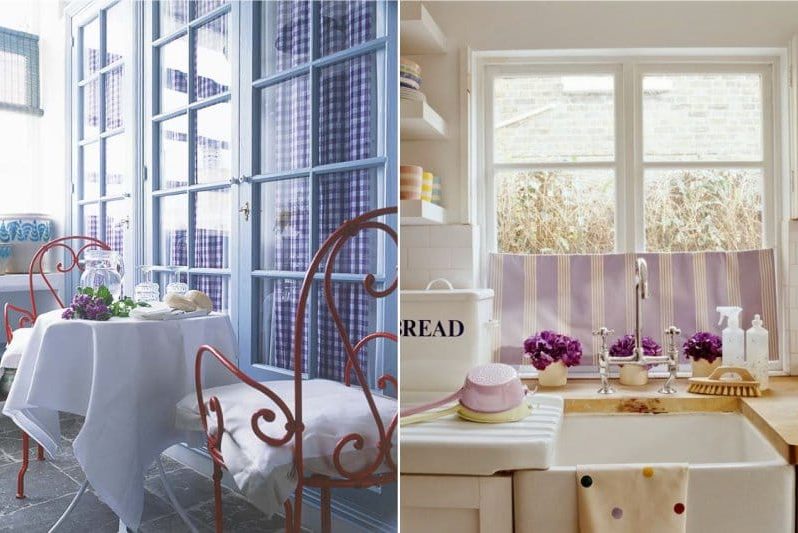 Provence tarzında mutfağın iç kısmındaki leylak tekstiller