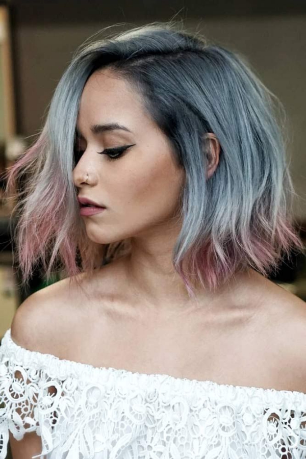 Stilige halvlange frisyrer og kutt for hver hårtype fargerik ombre blårosa